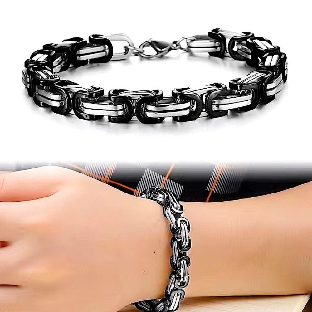 STAINLESS STEEL BYZANTINE MECHANIC SILVER BLACK BIKER BRACELET